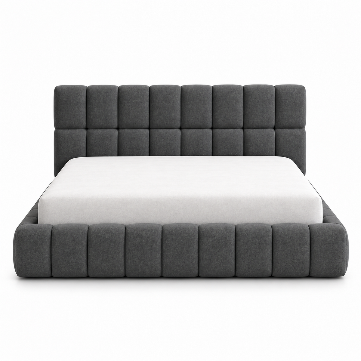 Side view of the Kavo bed frame showing the low upholstered platform and headboard height
