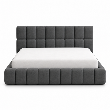 Side view of the Kavo bed frame showing the low upholstered platform and headboard height
