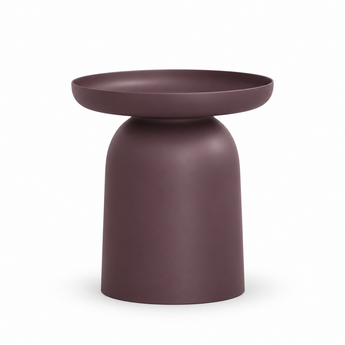 Aubergine Domo service table side view showing the tray top, pinched neck and bell-shaped base
