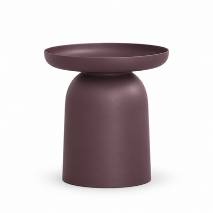 Aubergine Domo service table side view showing the tray top, pinched neck and bell-shaped base
