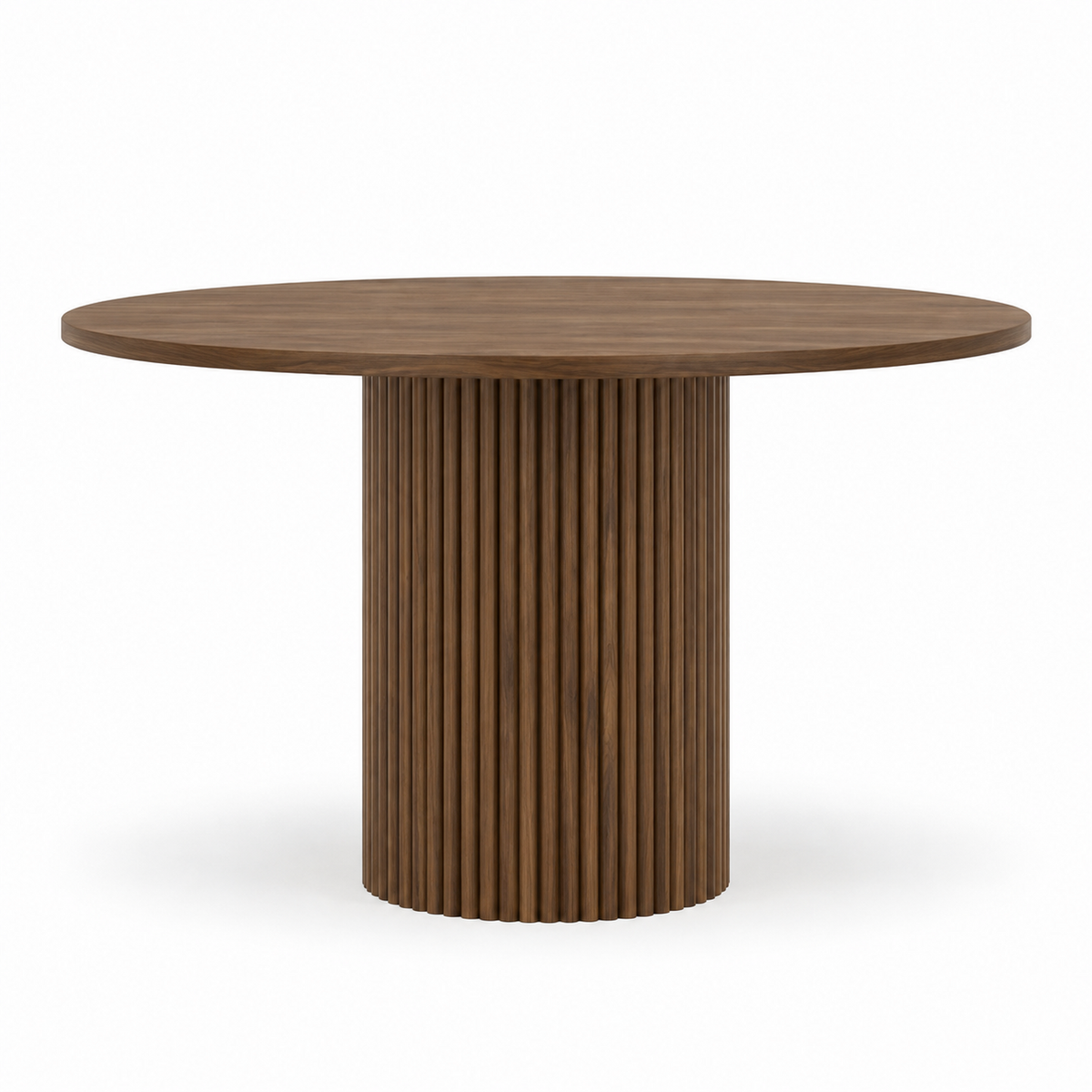 Orso dining table front view showing the round bevelled top and vertical fluted pedestal in walnut
