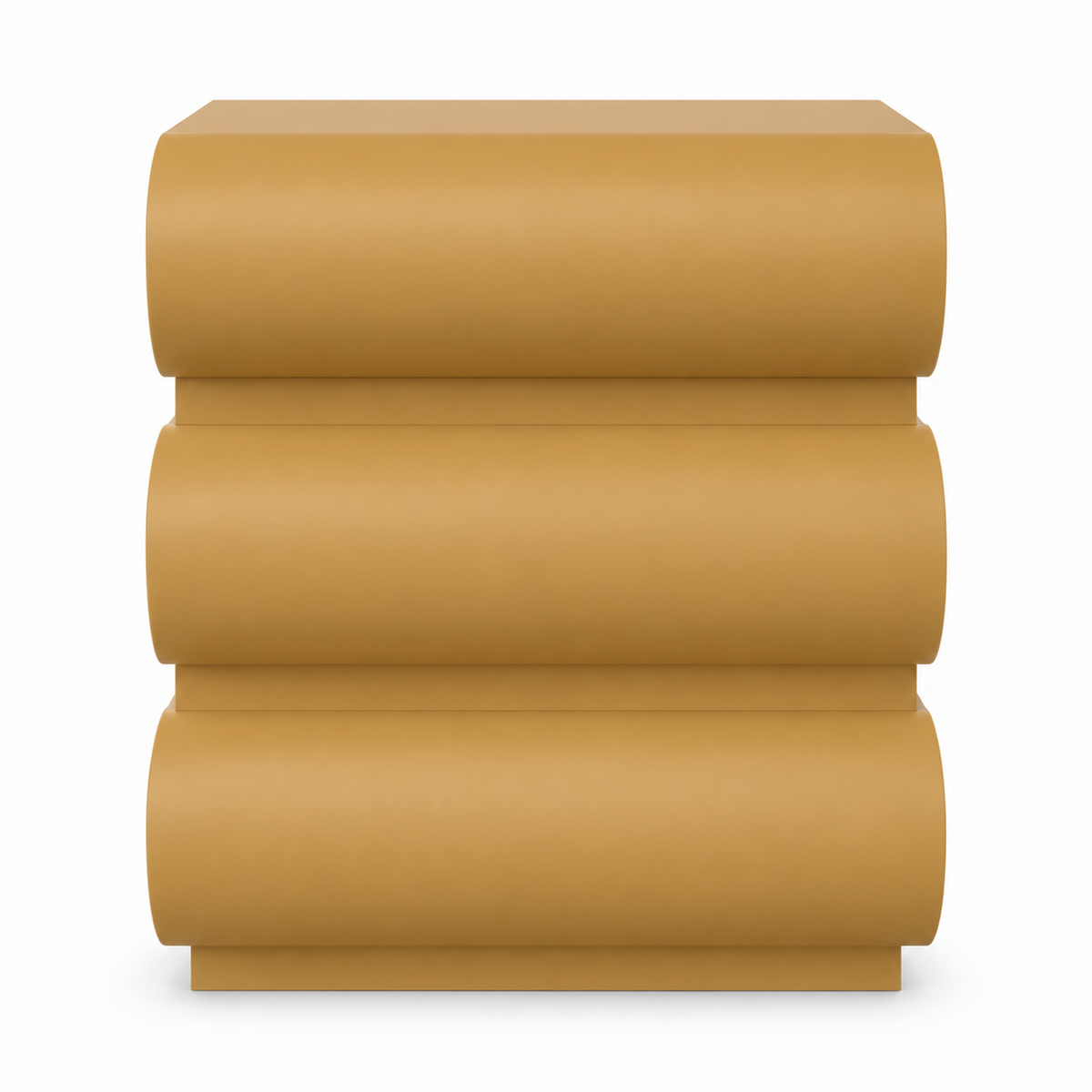 Golden ochre Onda nightstand front view showing the three stacked rounded drawer fronts
