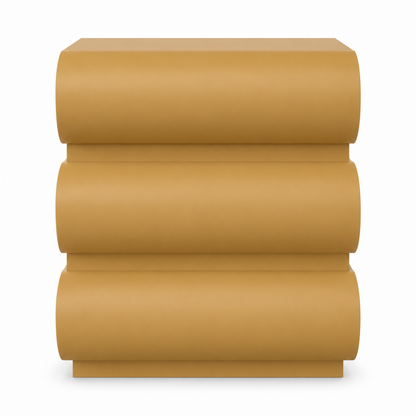 Golden ochre Onda nightstand front view showing the three stacked rounded drawer fronts

