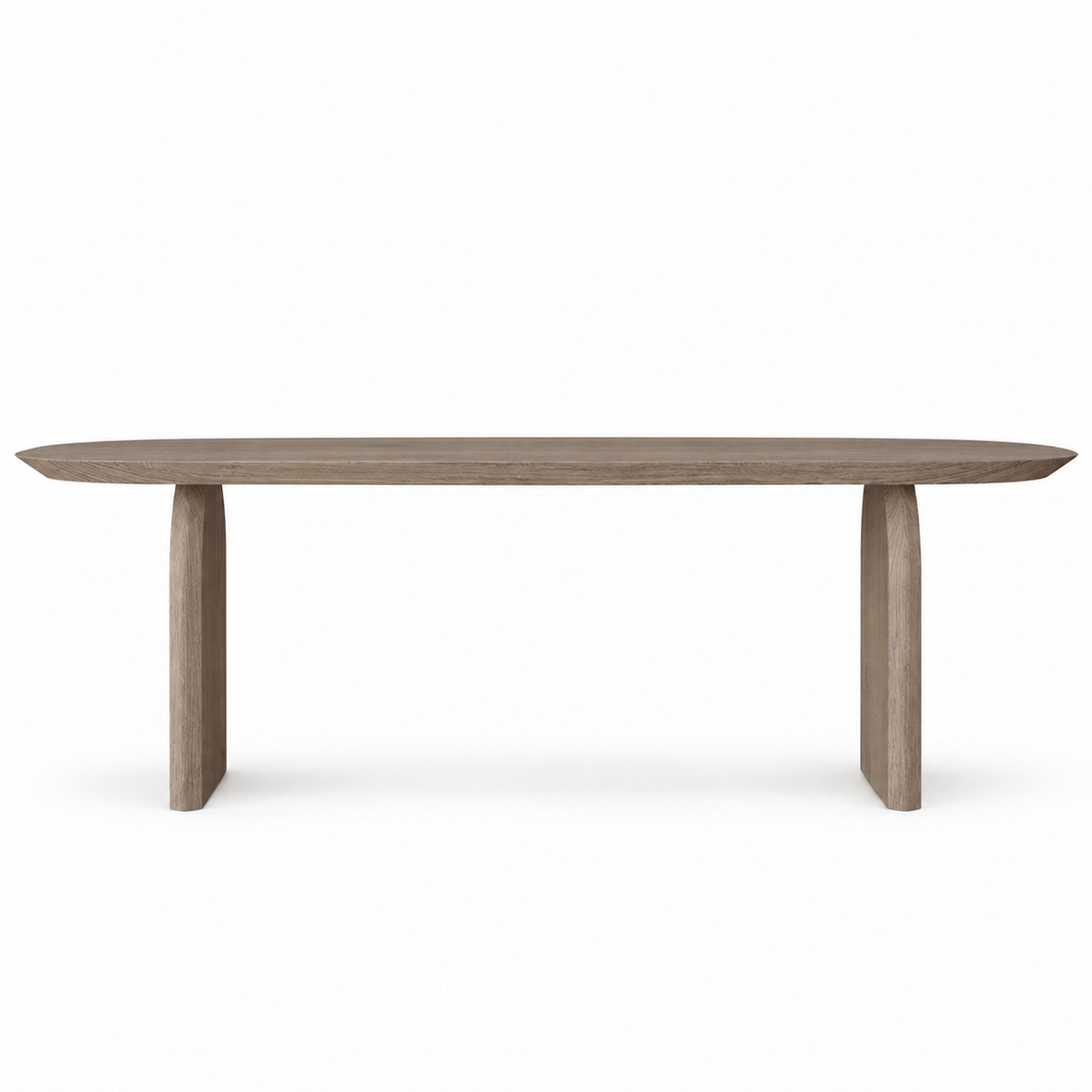 Ardo dining table long-side view showing the bevelled oval top and two arched slab legs in smoked oak
