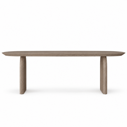Ardo dining table long-side view showing the bevelled oval top and two arched slab legs in smoked oak
