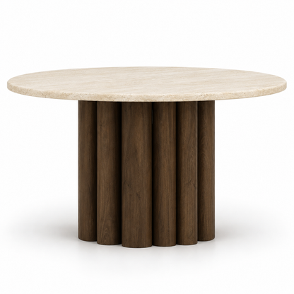 Nolo dining table front view showing the round stone top and thick fluted wood column
