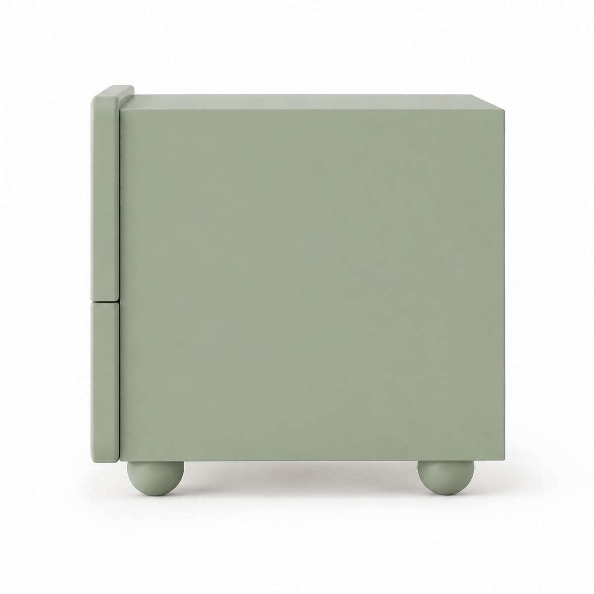 Side profile of the Arwa nightstand showing the rounded front face overhanging the carcass and the spherical feet
