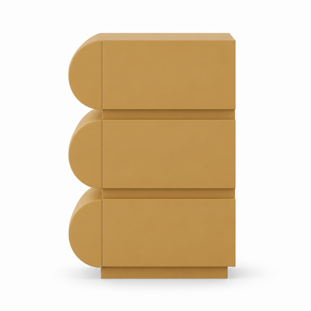 Side profile of the Onda nightstand showing the rounded drawers projecting forward over the carcass
