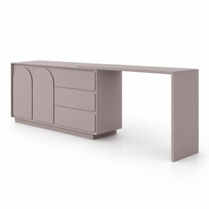 Side profile of the Solene makeup vanity showing the slim depth and flat waterfall leg
