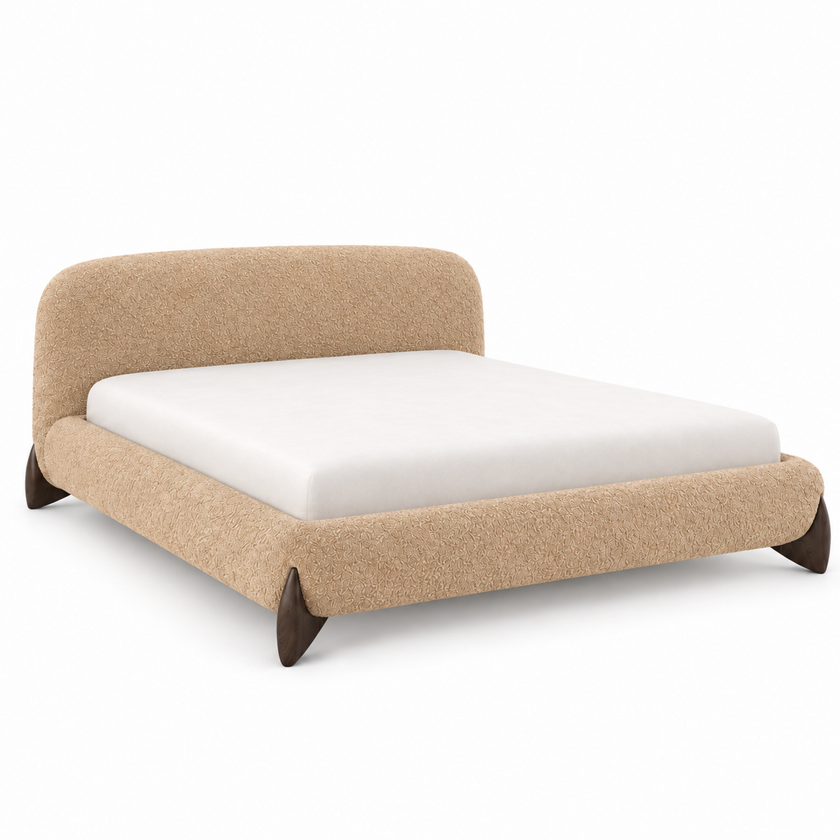 Side view of the Orma bed frame showing the low platform and the angled wood feet in profile
