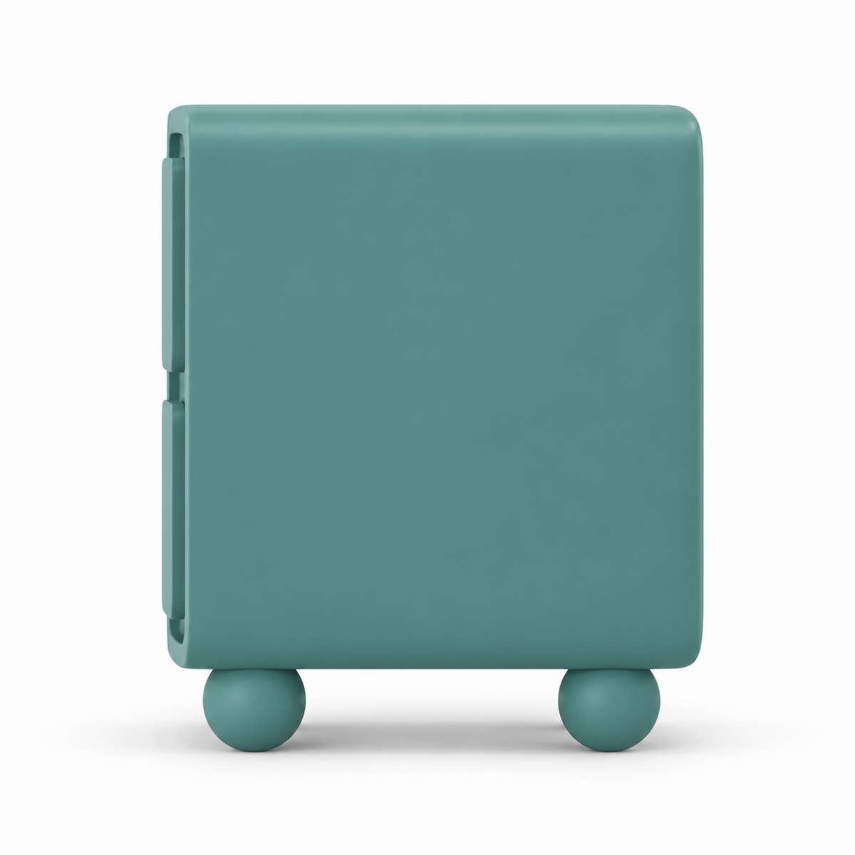 Side profile of the Neva nightstand showing its rounded upright form, depth and spherical feet
