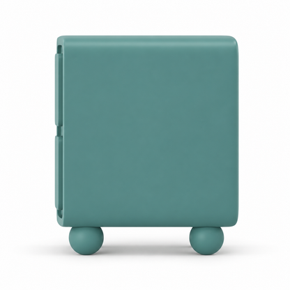 Side profile of the Neva nightstand showing its rounded upright form, depth and spherical feet
