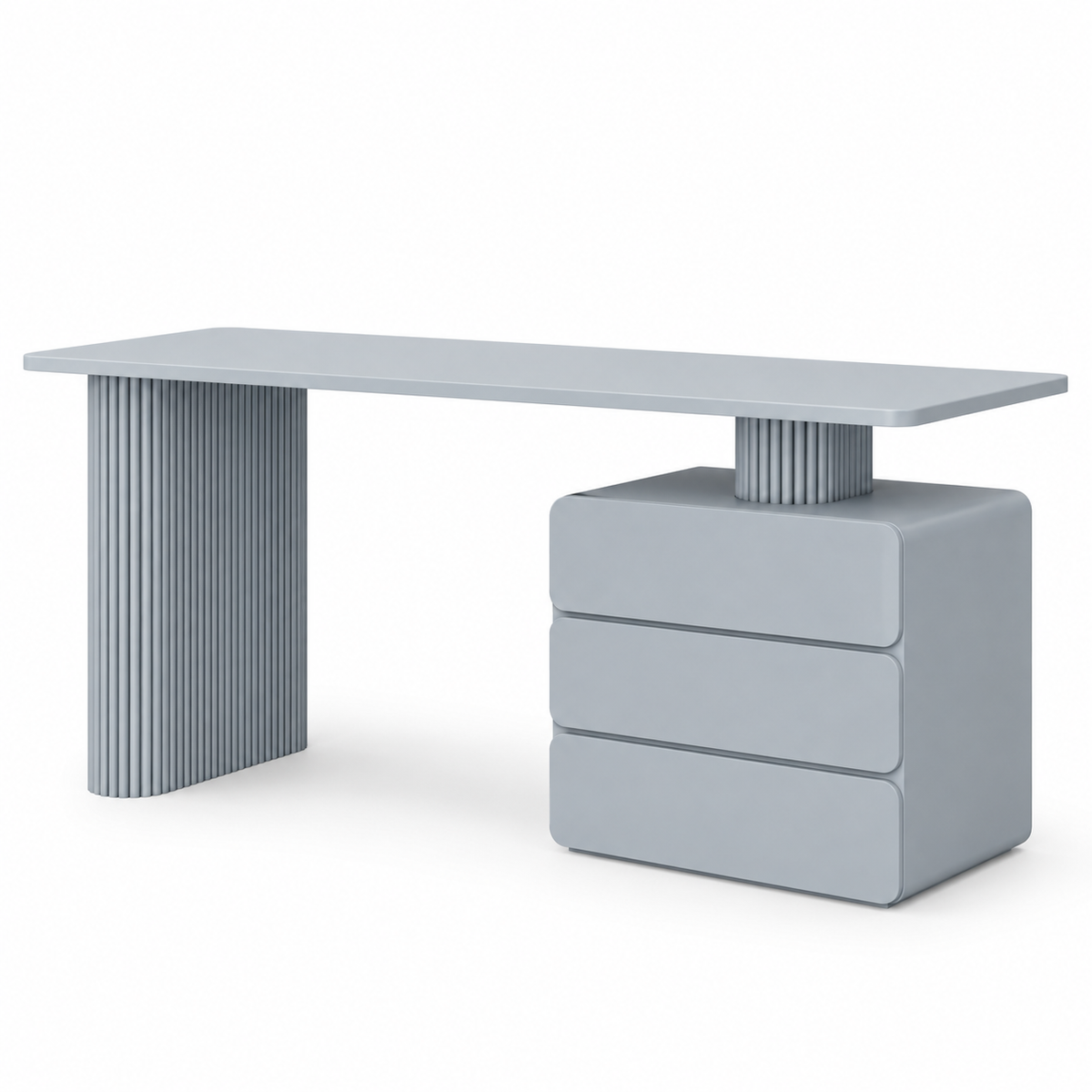 Side profile of the Odea makeup vanity showing the slab top, fluted leg and chest depth
