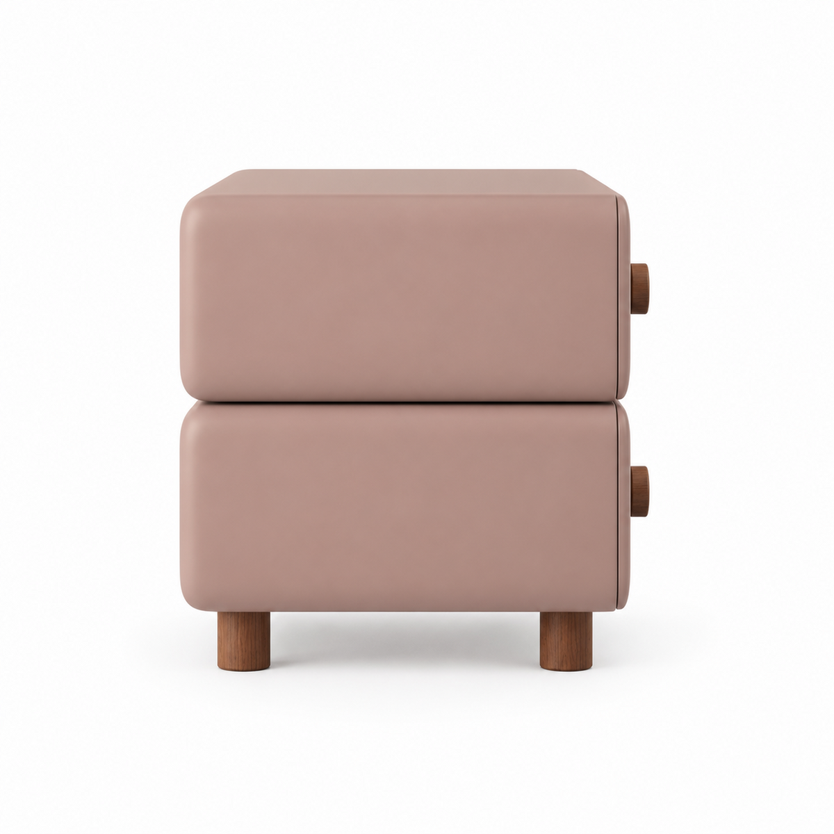 Side profile of the Lumi nightstand showing the stacked rounded boxes and walnut peg legs
