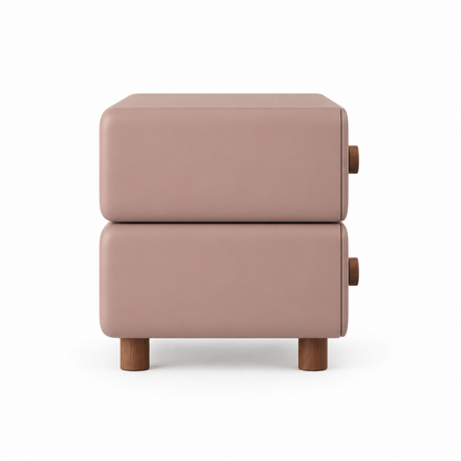 Side profile of the Lumi nightstand showing the stacked rounded boxes and walnut peg legs
