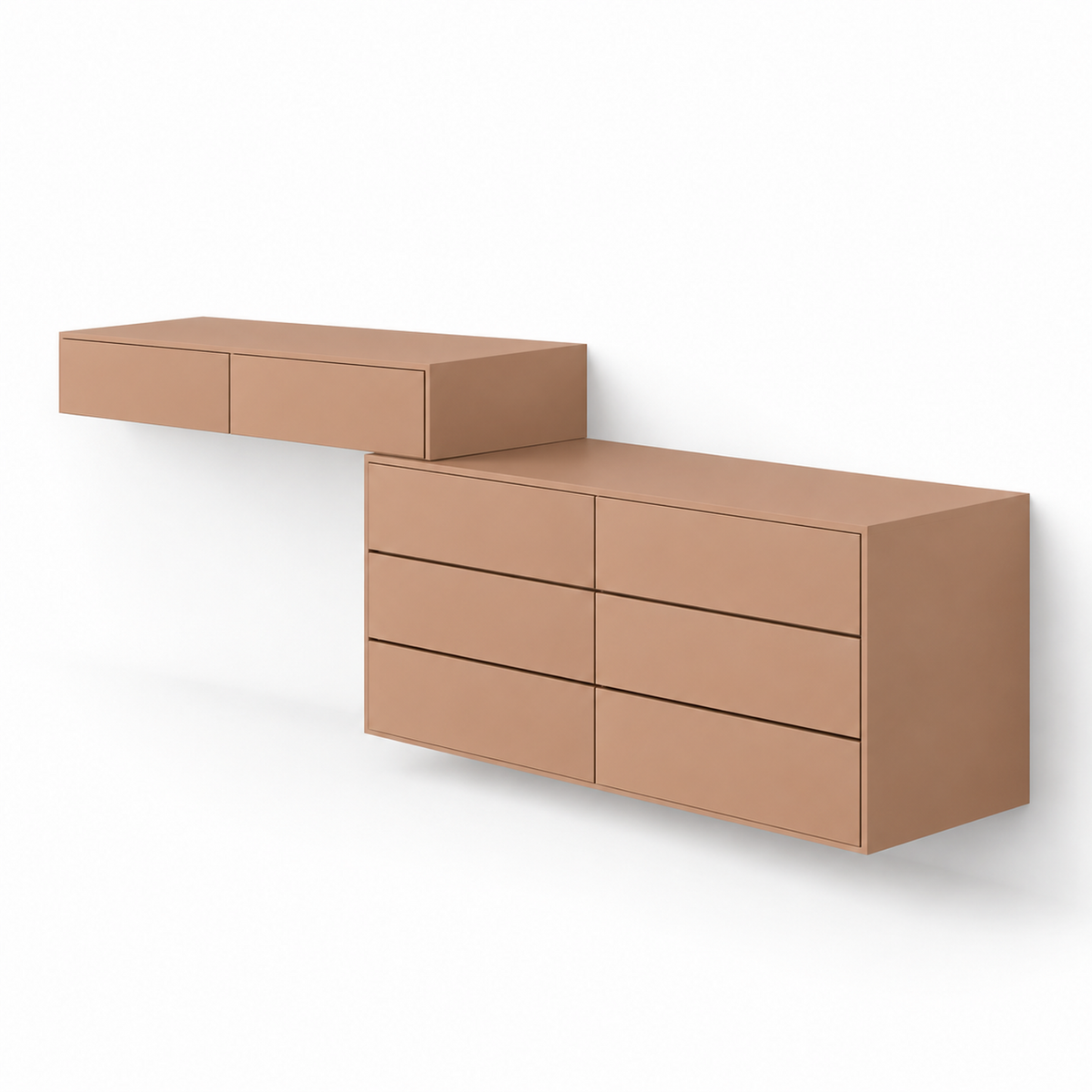 Side profile of the Runa makeup vanity showing the shallow depth and floating box construction
