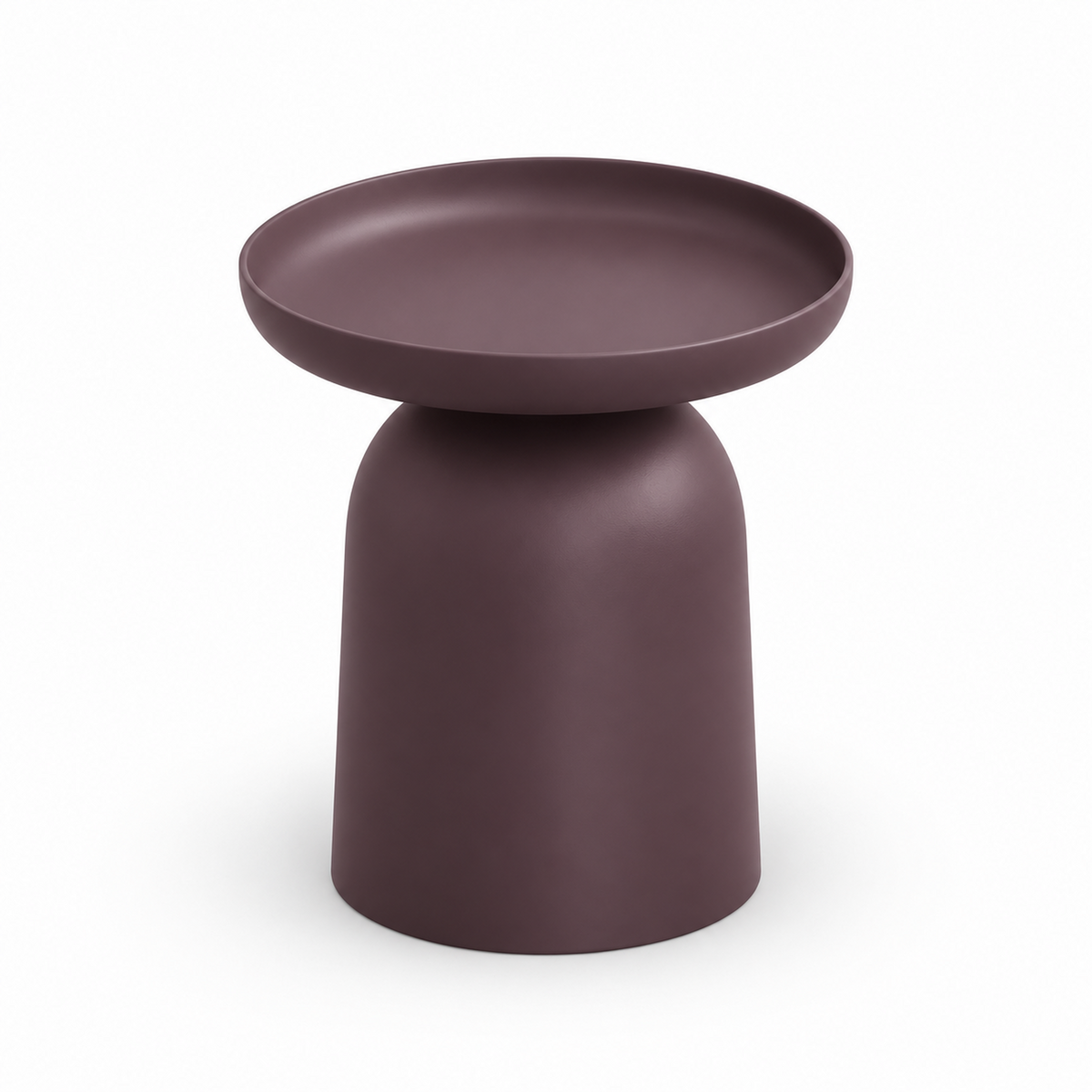 Overhead view of the Domo service table showing the shallow round tray with a raised rim
