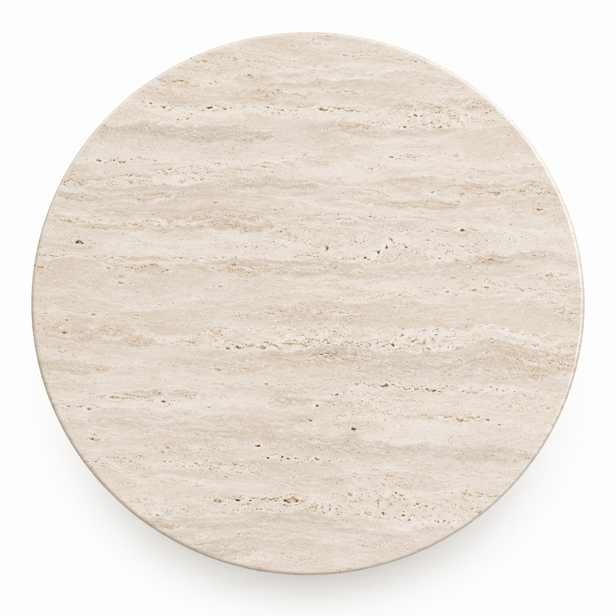 Vello dining table top showing the clean round travertine surface