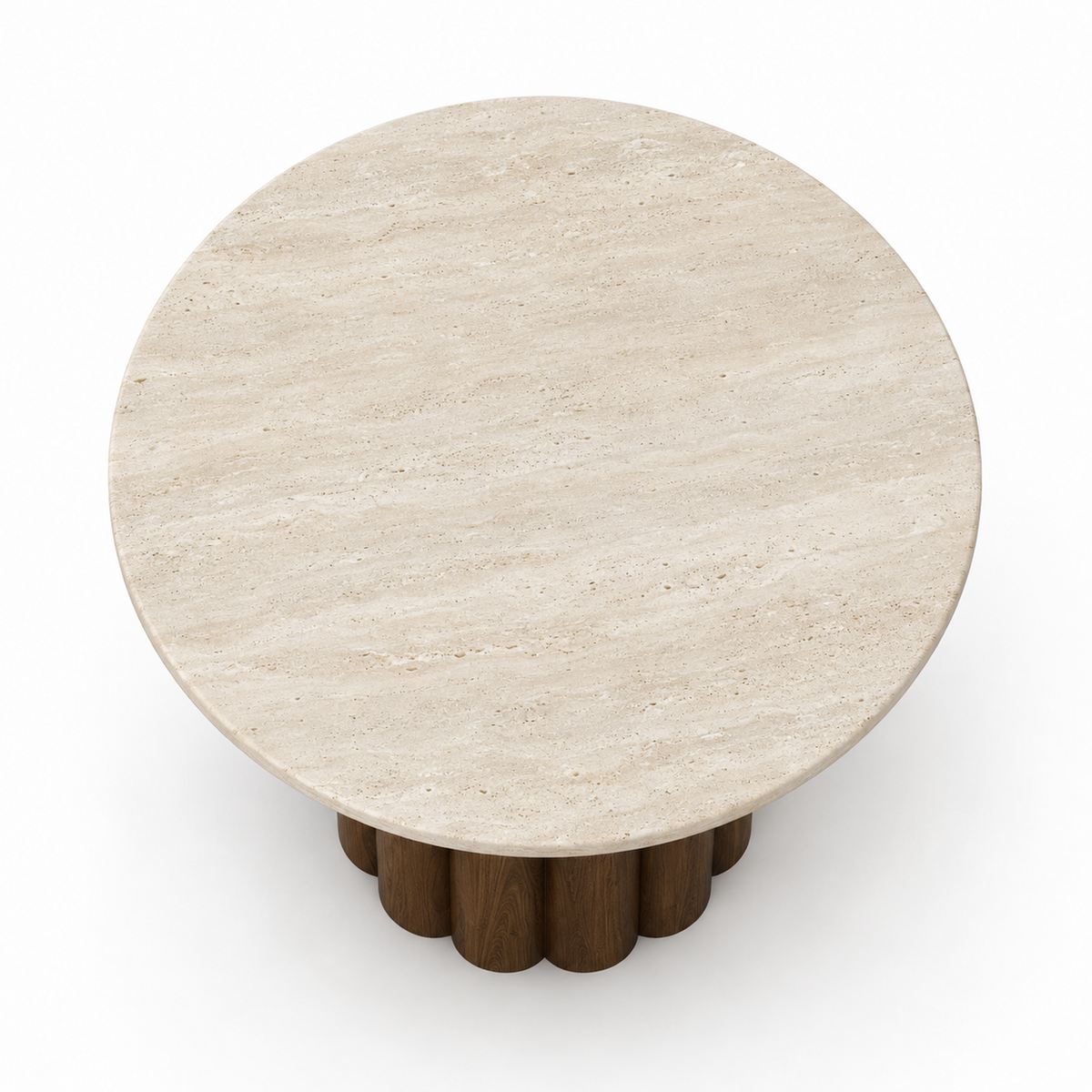 Nolo dining table top showing the clean round travertine surface
