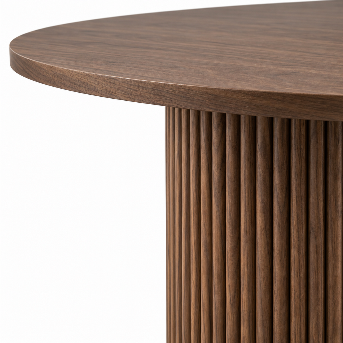 Close-up of the vertical fluting and walnut grain on the Orso dining table pedestal