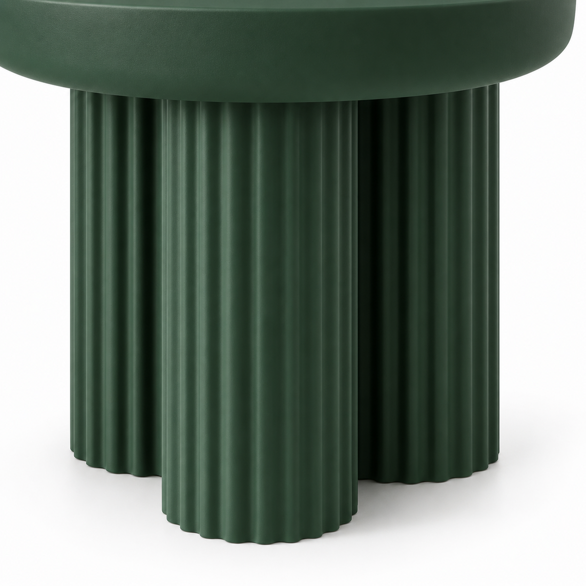 Close view of the bold vertical fluting on the clustered column base of the forest green Talo service table
