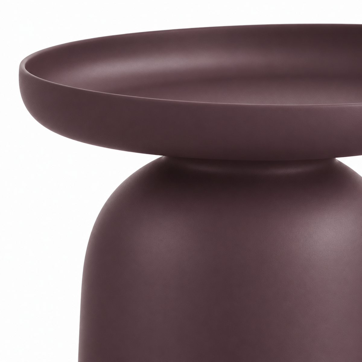Close view of the neck where the tray meets the dome base on the aubergine Domo service table

