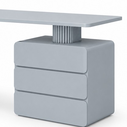 Close view of the fluted column meeting the tabletop above three rounded push-to-open drawers on the Odea vanity
