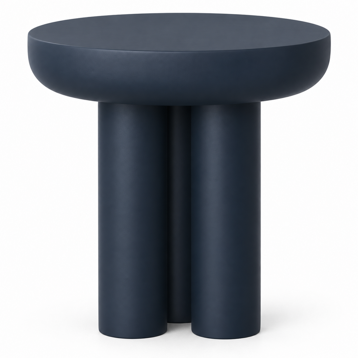 Close view of the three smooth clustered columns meeting the rounded disc top on the navy Tolo service table
