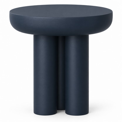 Close view of the three smooth clustered columns meeting the rounded disc top on the navy Tolo service table
