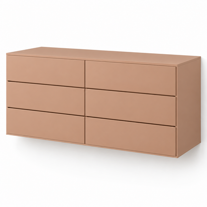 Close view of the six-drawer chest on the Runa vanity showing the handle-free push-to-open drawers and matte finish