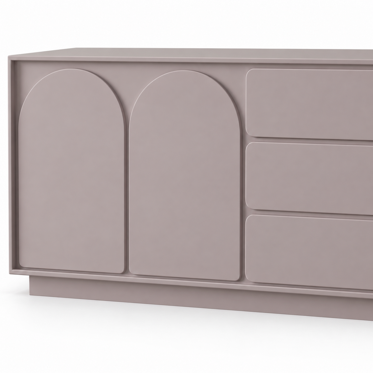 Close view of the twin arched relief panels and three soft-close drawers on the Solene vanity in muted heather
