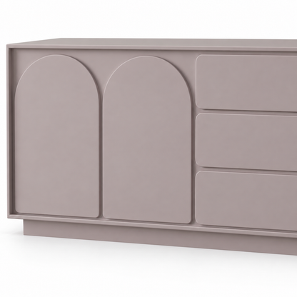 Close view of the twin arched relief panels and three soft-close drawers on the Solene vanity in muted heather
