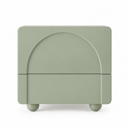 Close view of the raised arch relief and the reveal line between the two push-to-open drawers on the Arwa nightstand
