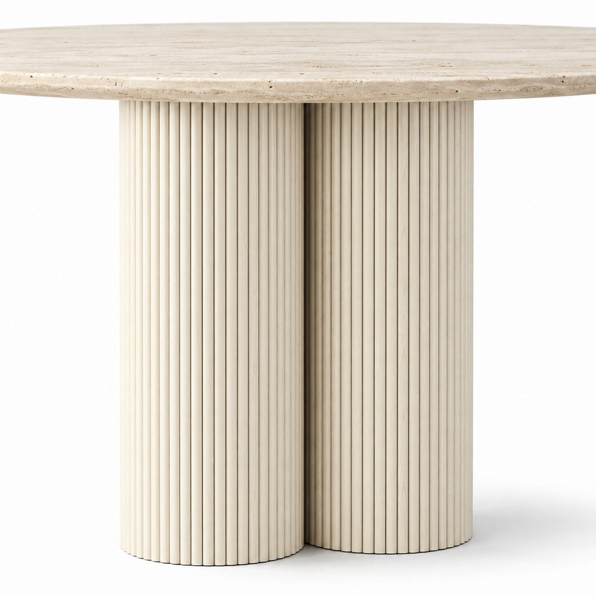Close-up of the vertical fluting where the two cream oak cylinders meet on the Vello dining table
