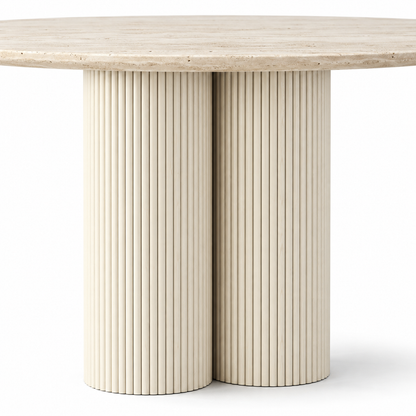 Close-up of the vertical fluting where the two cream oak cylinders meet on the Vello dining table
