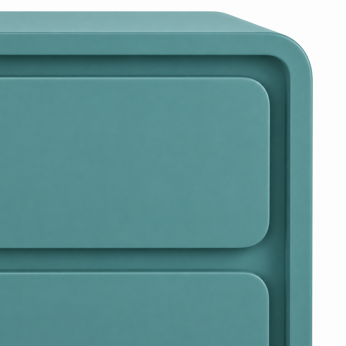 Close view of the recessed frame border and the reveal line between the two push-to-open drawers on the Neva nightstand