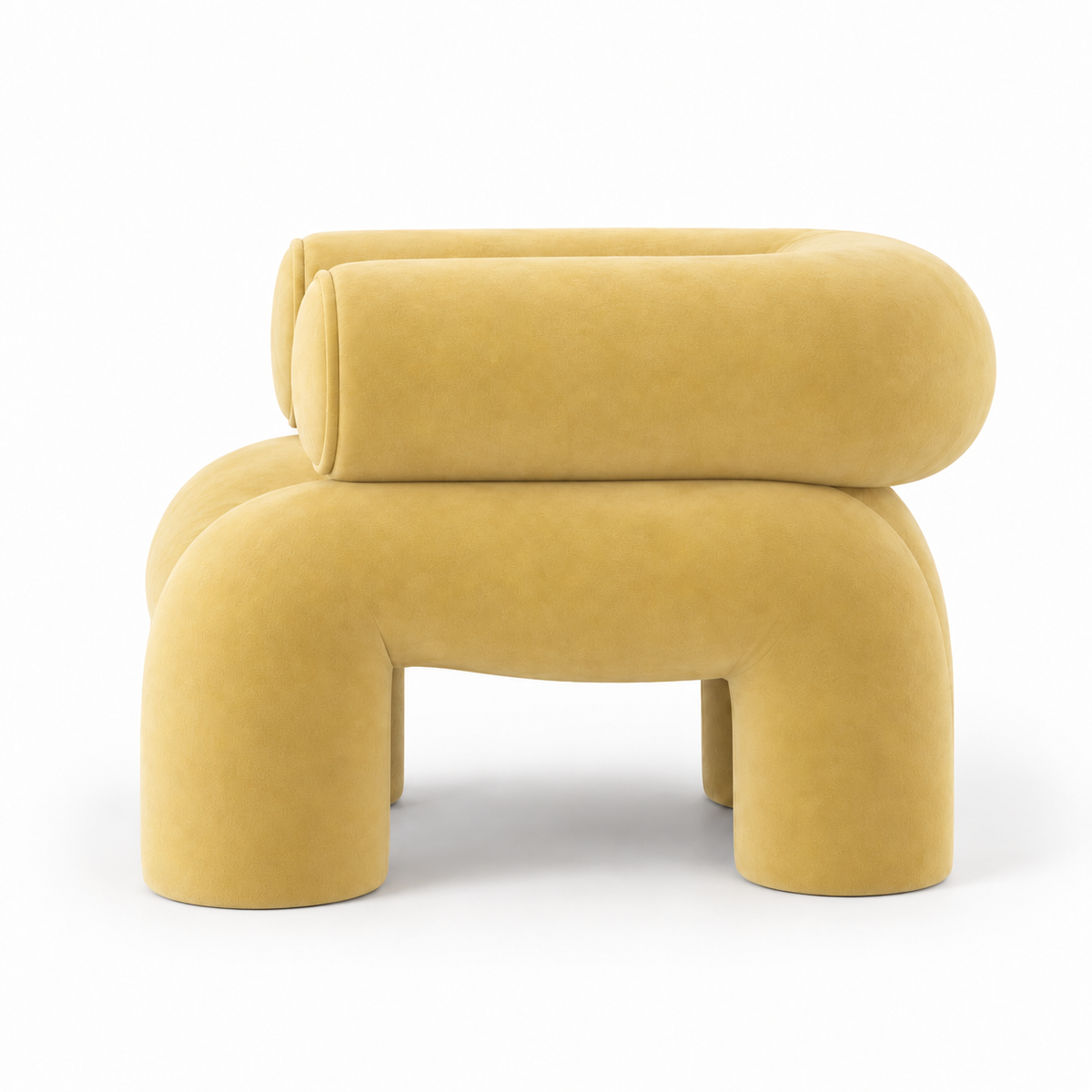 Cira armchair side profile showing the bolster arm roll and curved seat
