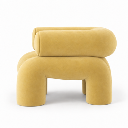 Cira armchair side profile showing the bolster arm roll and curved seat
