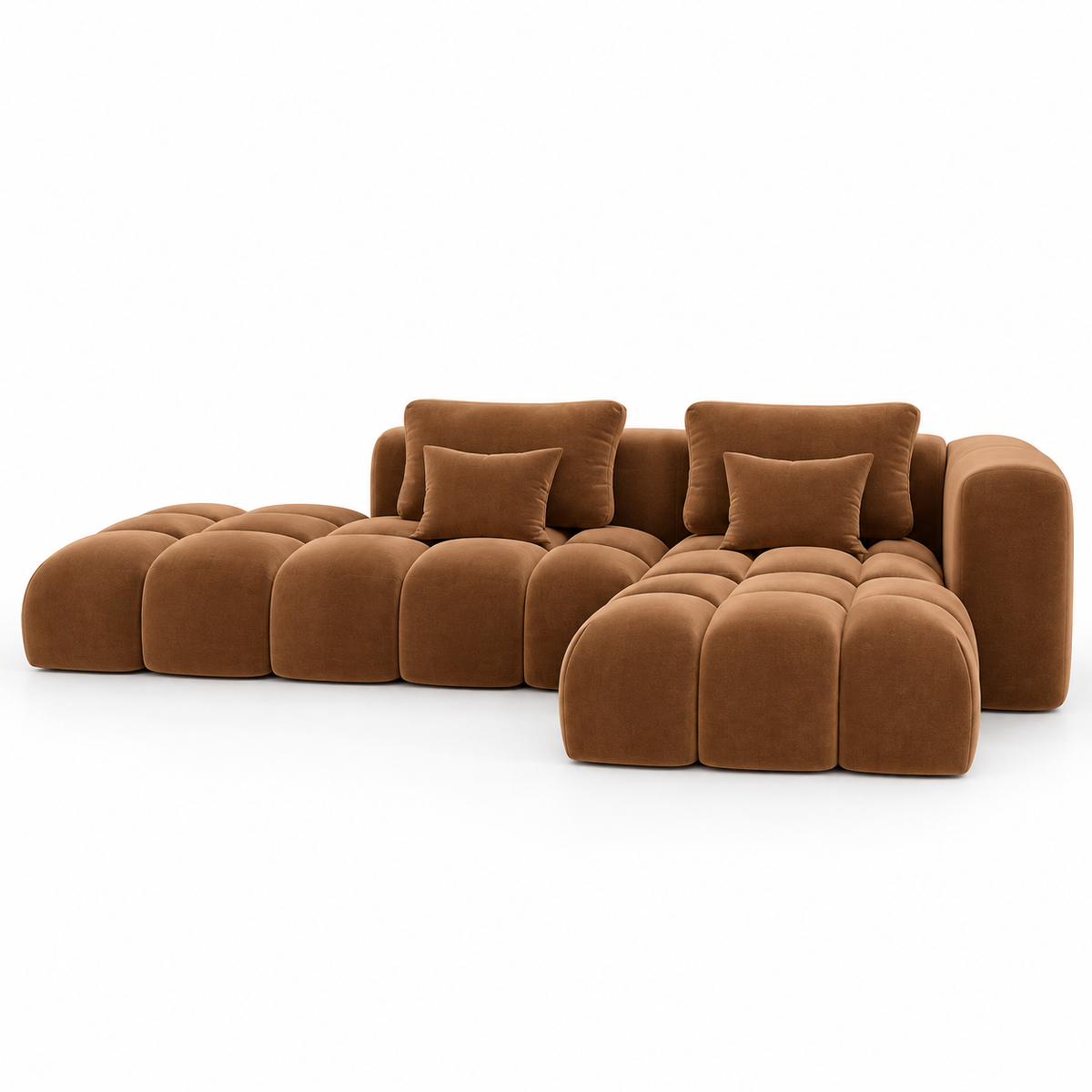 Nube modular sofa in cognac velvet with bubble-tufted cushions, a rounded arm and an open chaise, three-quarter view