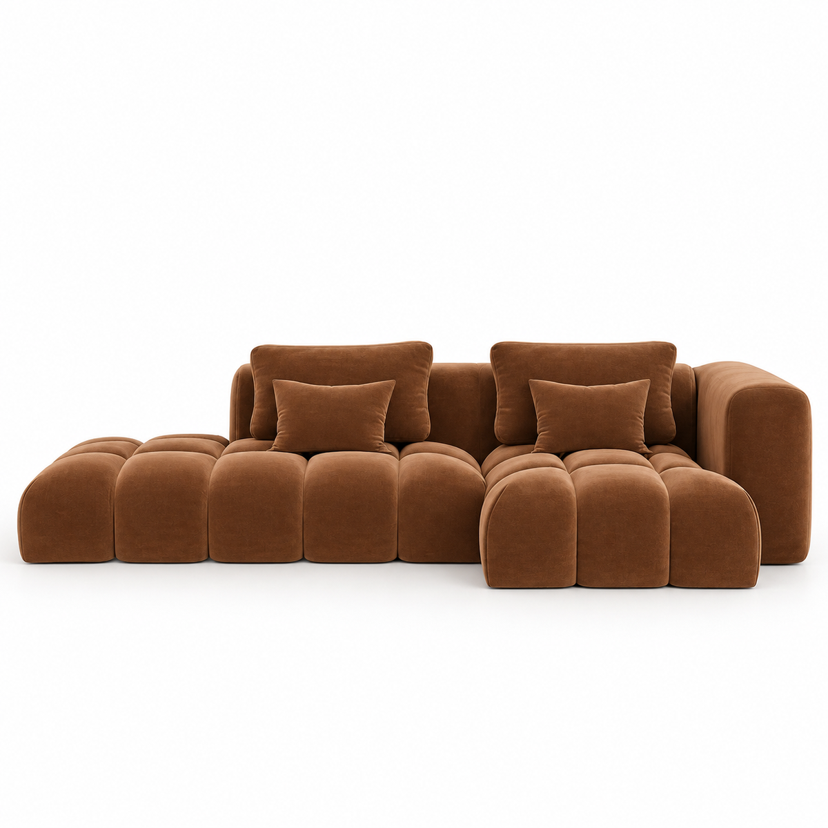Cognac velvet Nube modular sofa showing the full L layout with scatter cushions