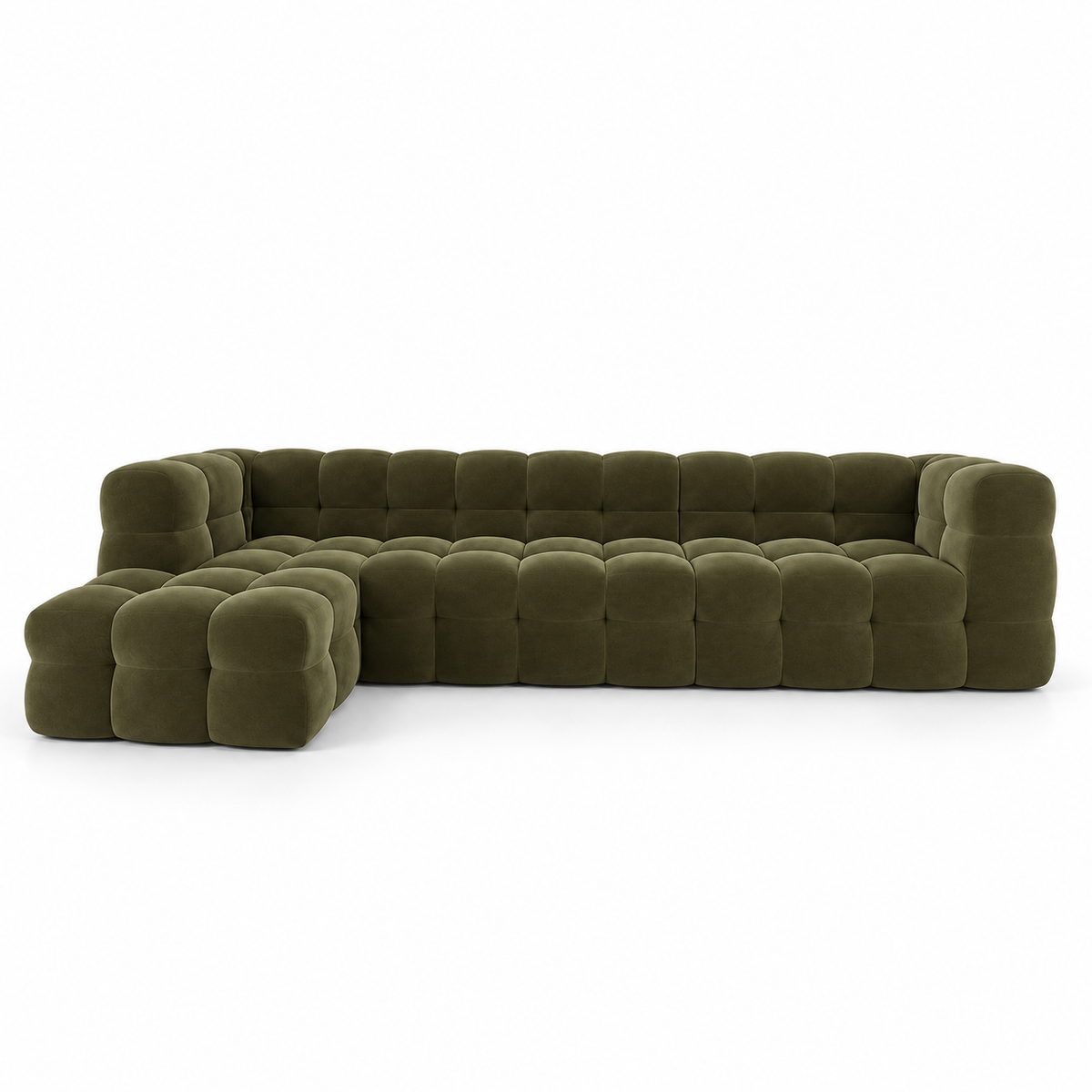 Olive velvet Bea modular sofa seen from the opposite angle showing the chaise return and both arms
