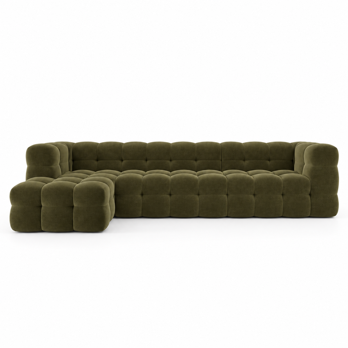 Front view of the olive Bea modular sofa showing the full bubble-tufted L layout
