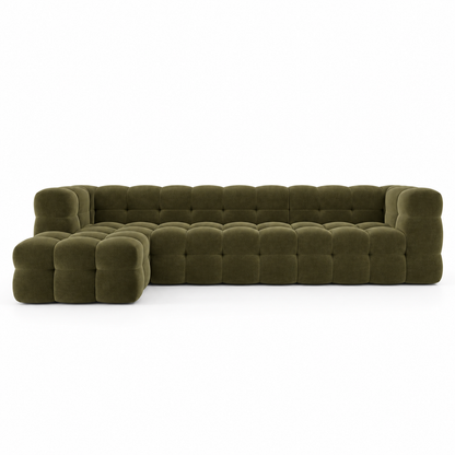 Front view of the olive Bea modular sofa showing the full bubble-tufted L layout
