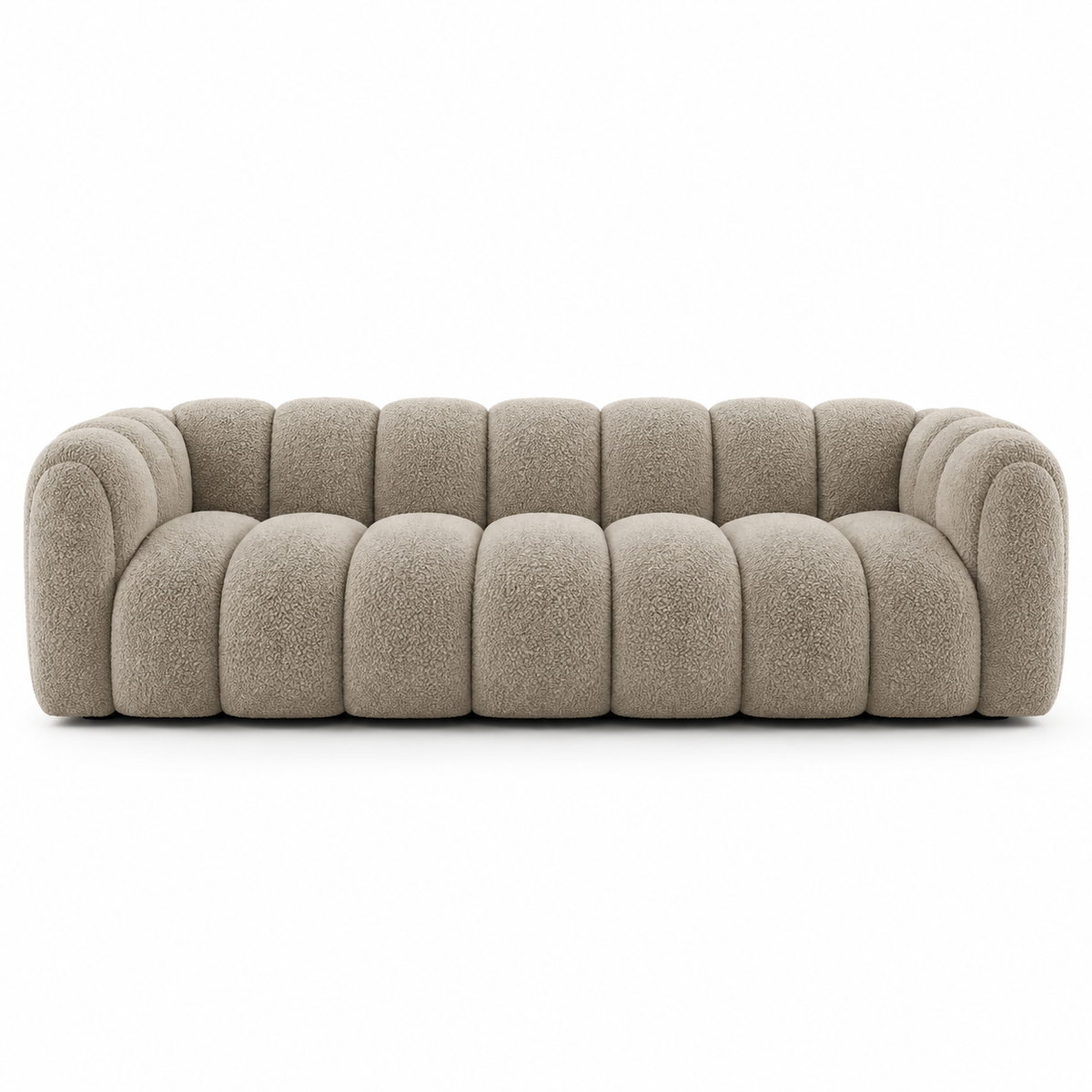 Front view of the mushroom taupe Sella sofa showing the deep channel tufting across seat and back
