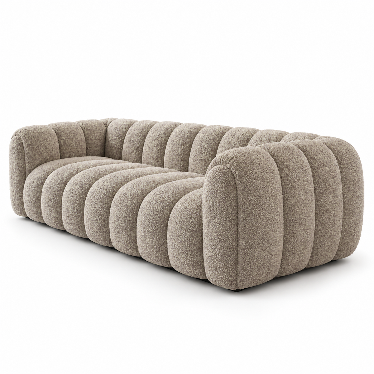 Sella channel-tufted boucle sofa in warm mushroom taupe with rounded arms, three-quarter view
