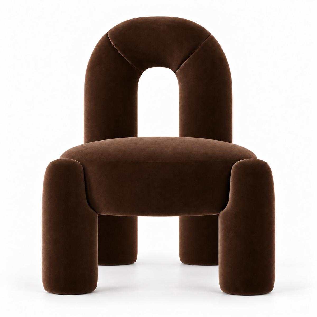 Otto accent chair front view showing round drum seat and arched back in chocolate velvet
