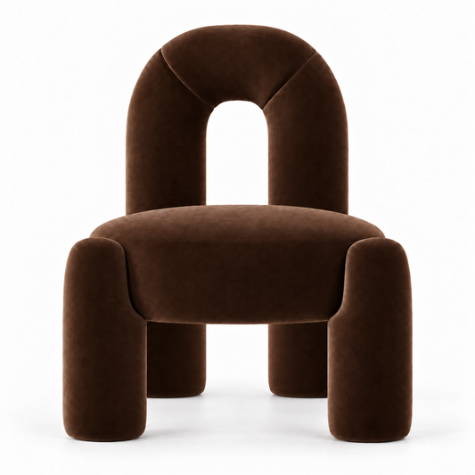 Otto accent chair front view showing round drum seat and arched back in chocolate velvet
