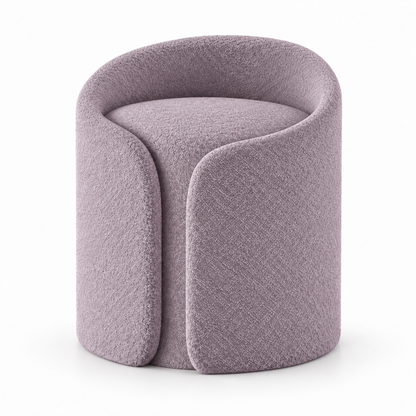 Tala bench front view showing the overlapping spiral wrap and nested seat in dusty lilac boucle
