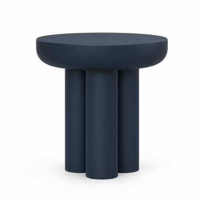 Navy Tolo service table side view showing the heavy rounded top and three smooth clustered columns
