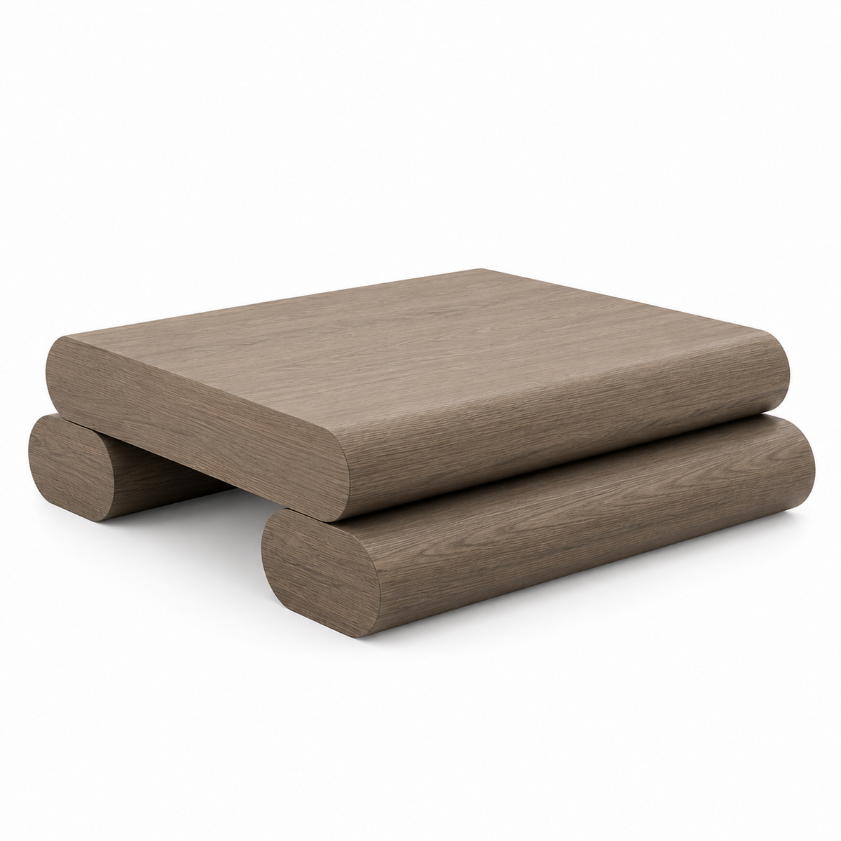 Rulo coffee table in warm taupe-greige with a rounded slab on two cylindrical bar feet, three-quarter view
